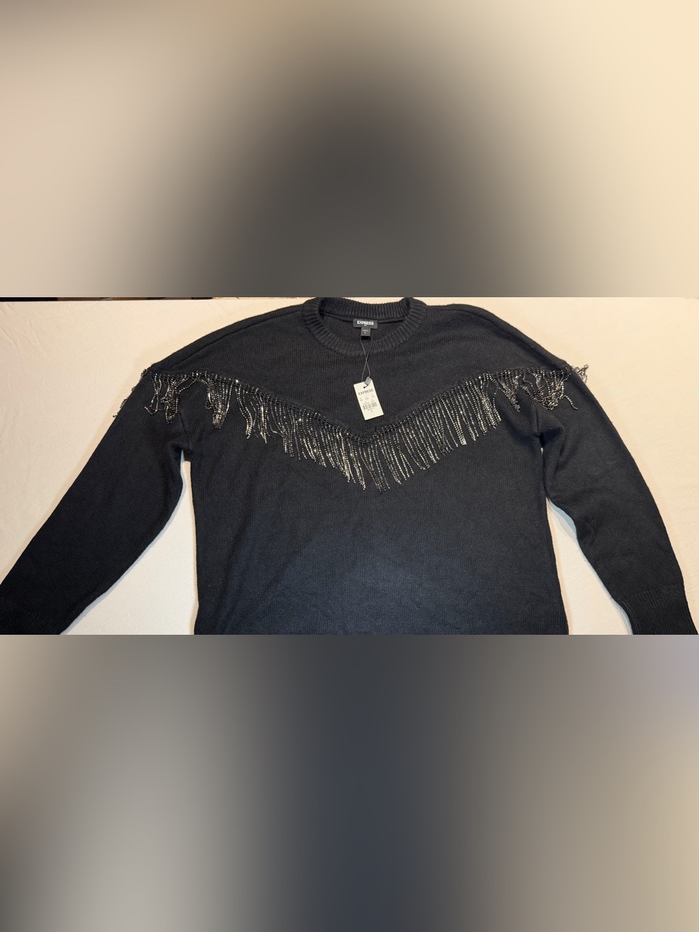 Express Black Crewneck Sweater with Silver Metallic Fringe